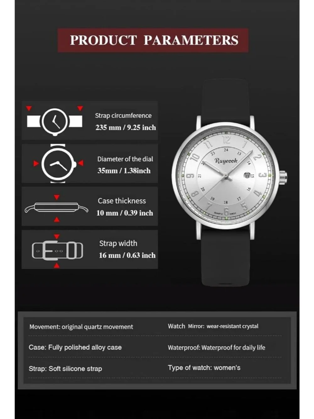 Women's Black Analog Quartz Silicone Band Resistant Nurses Classic Wrist Watch